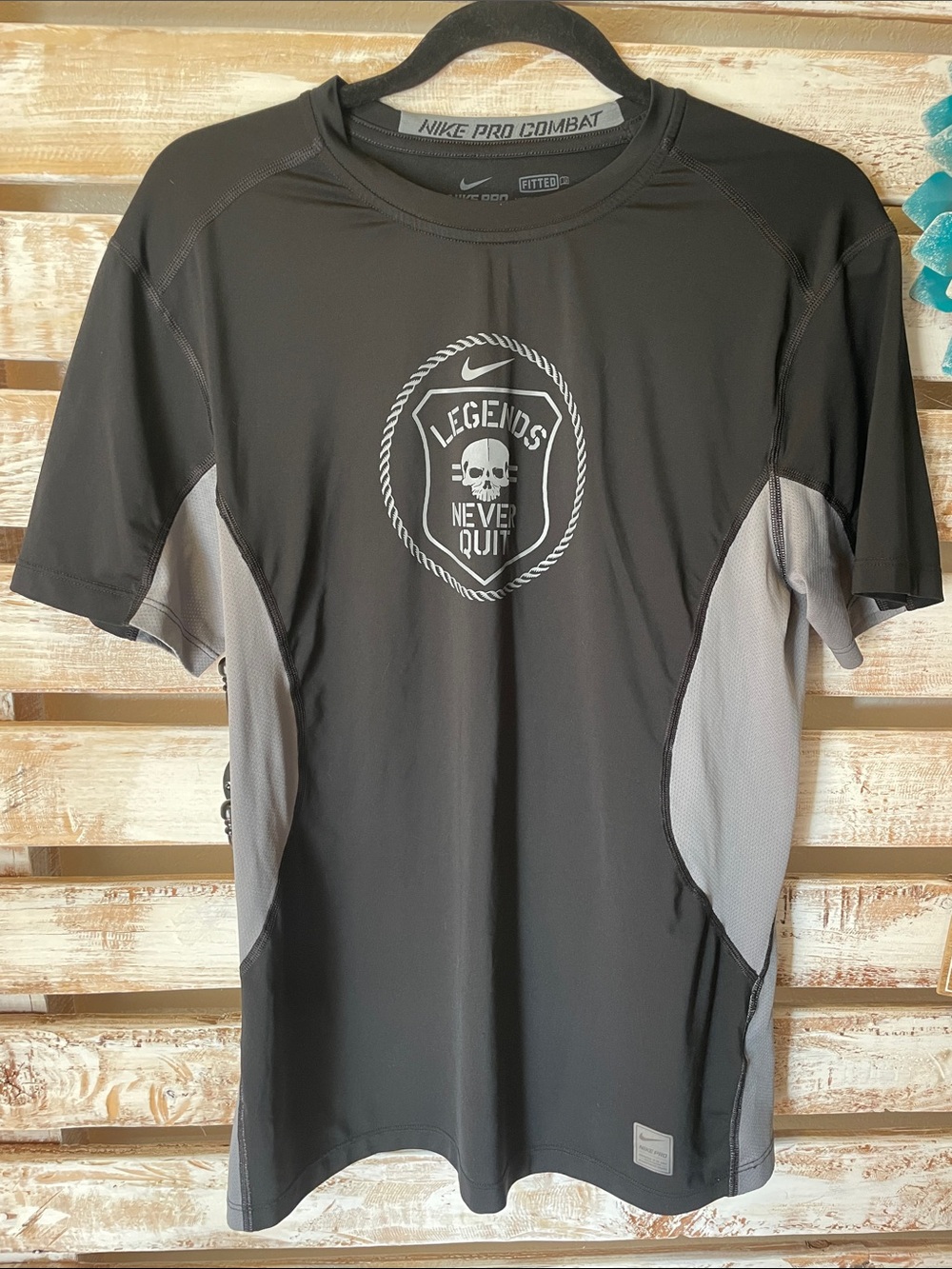 Nike Pro Combat Black & Gray 'Legends Never Quit' Performance Tee Size Medium
